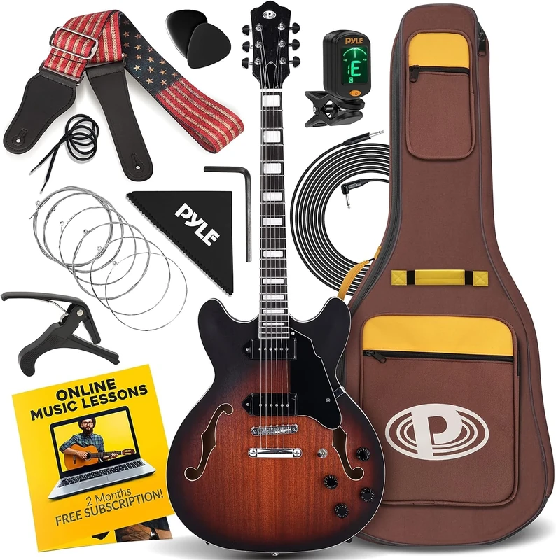 Pyle Semi Hollow Body Electric Guitar Set, 41.8"/106cm Full Size Jazz Instrument Kit w/Gig Bag and Accessories, Matte & Sunburst Finish