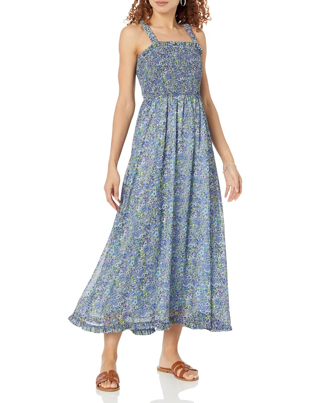 The Drop Women's Jaya Smocked Bodice Chiffon Maxi, Navy Multi Floral, S