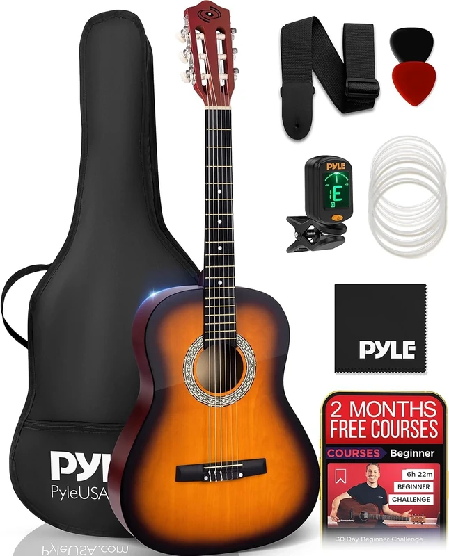 Pyle Classic Acoustic Guitar, 36"/92cm ¾ Junior Size Beginner Guitars, Nylon Sunburst Finish w/Gig Bag, Tuner, Extra Strings, Picks, Strap, Free 2 Month Lessons, For Beginners/Adults/Kids-Right Handed