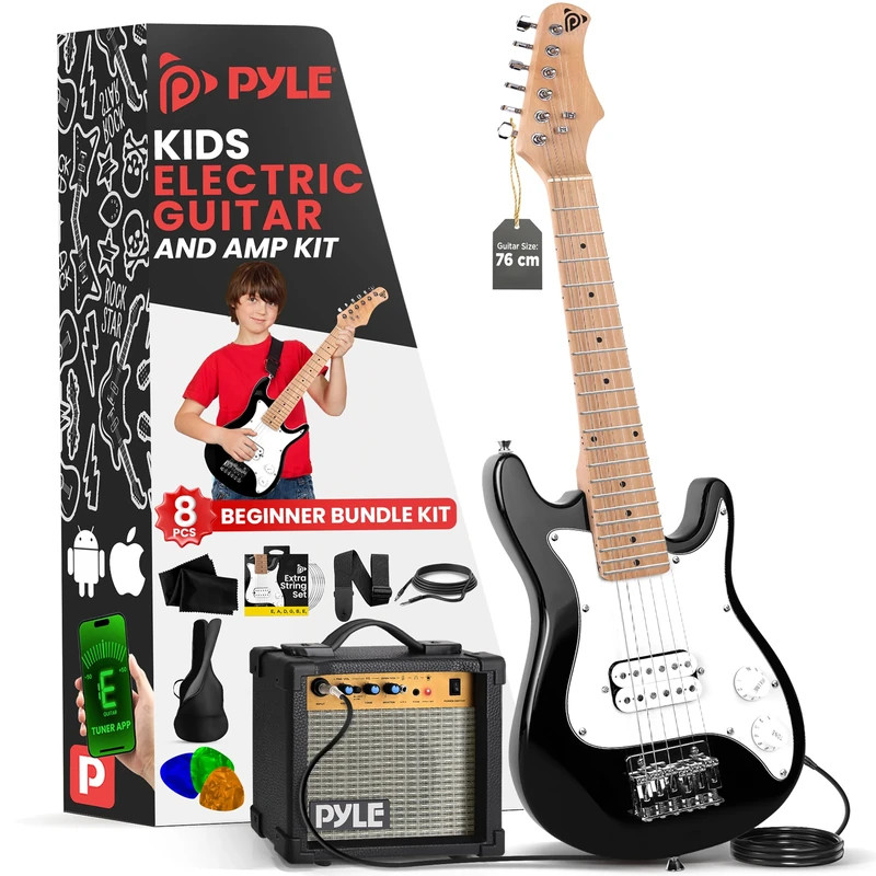 Pyle Kids Electric Guitar, Electric Guitar- w/Amp, Guitar Set, Small Size-30"/76cm, 2 Month Free Lessons, 10W Amplifier, Gig Bag,Tuner,Extra Strings, Picks, Right, White