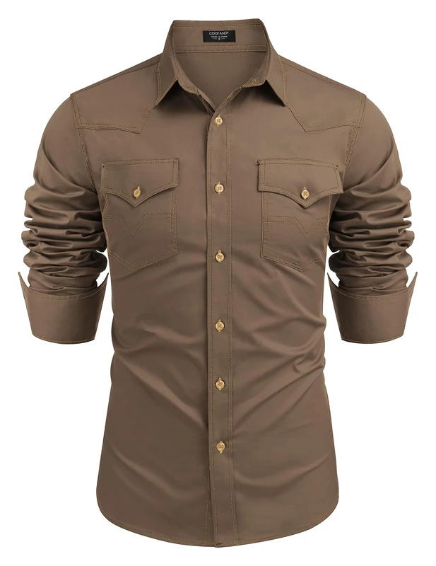 Coofandy Men's Western Cowboy Shirts Long Sleeve Cotton Casual Button Down Work Shirt with Pockets, Brown, Medium