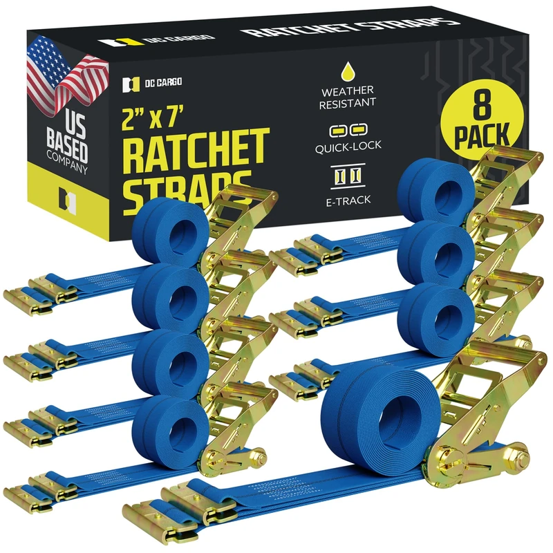E Track Ratchet Straps Cargo Tie-Downs, (Pack of 8) 2 x 7 Heavy Duty Blue Tie-Down Rachet Straps, Strong Ratchet Strap, E Track Spring Fittings, Tie Down Motorcycle