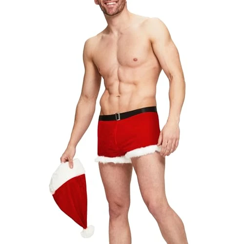 Ann Summers Mr Claus Set – Red Velvet Christmas Shorts & Santa Hat with Faux Fur Trim & Buckle Waistband – Festive Fancy Dress Costume for Men – Ideal for Christmas Parties & Role Play