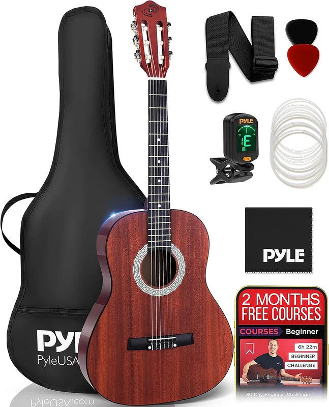 Pyle Acoustic Guitar Junior Set – 91 cm Right-Handed Sapele Guitar for Beginners, Kids, Teens & Adults with Nylon Strings & Accessories Pack, Mahogany Finish