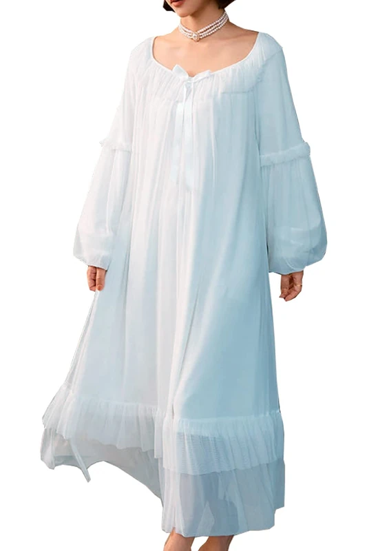 SINGINGQWEEN Women's Nightgown Vintage Victorian Long Sleeve Nightgown Sheer Sleepwear, Blue, S