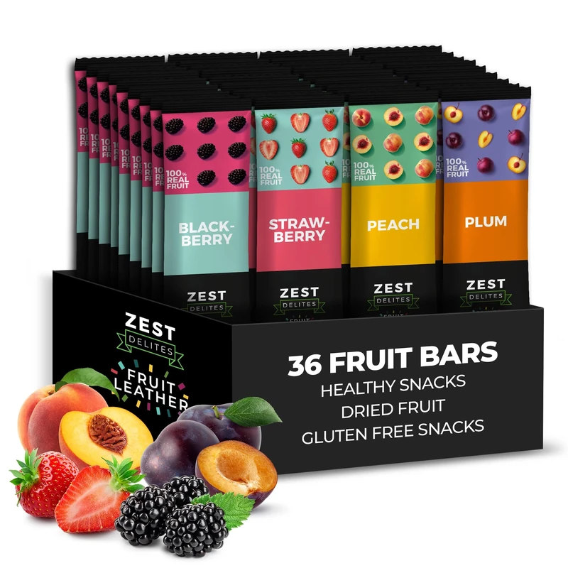 Fruit Snacks by Zest Delites, Dried Fruit Leather Bars, Healthy Snacks for Adults, Vegan, Lavashak, Healthy Sweets, Blackberry, Strawberry, Peach, Plum, 25g x 36