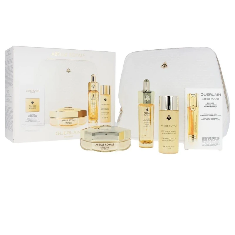 Guerlain Abeille Royale Advanced Youth Watery Oil Set For Women 5 Pc 1.6oz Day Cream, 1.3oz Fortifying Lotion, 0.5oz Advanced Youth Watery Oil, 7 x 0.02oz Double R Renew and Repair Advanced Serum, Bag