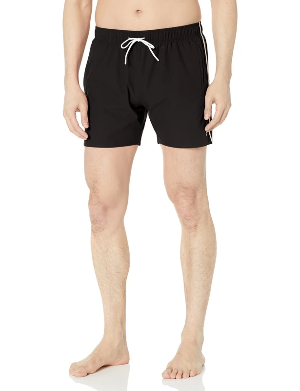 BOSS Men's Solid Swim Trunk with Iconic Side Stripe, Dark Black, Medium