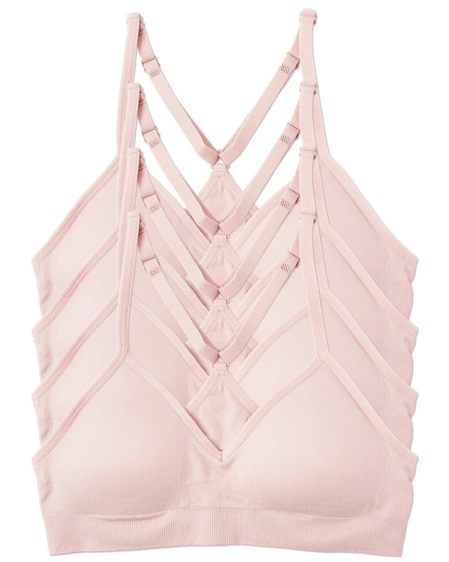 Kalon Women’s 4 Pack Racerback Sports Bralette Seamless Wireless Comfort Bra, Ivory Blush, XS