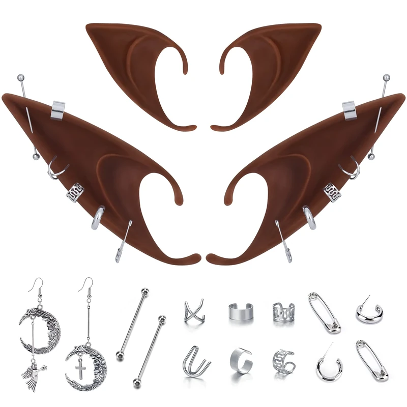 FRESHME Renaissance Elf Ears with Piercings - 2 Pairs Brown Fairy Pixie Soft Ears with Non Pierced Moon Cuff Cartilage Ear Clip Set for Women Christmas Halloween Renaissance Costume Accessories - Image 1