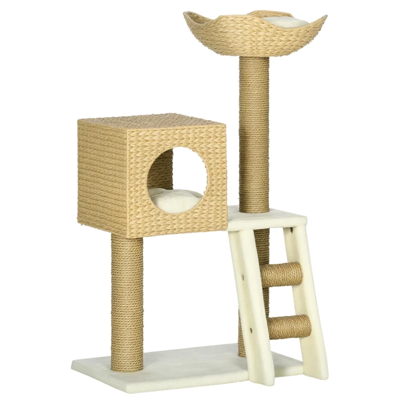 PawHut Flower Cat Tree Kitten Tower with Scratch Post House Bed, Natural