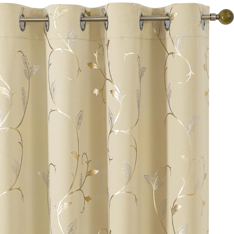 BUHUA Blackout Curtains Gold Foil Print Flower Vine Grommet Drapes, Room Darkening Thermal Insulated Curtains, Noise Reducing Blackout Curtain for Bedroom, Beige, 52Wx84L, 2 Panels