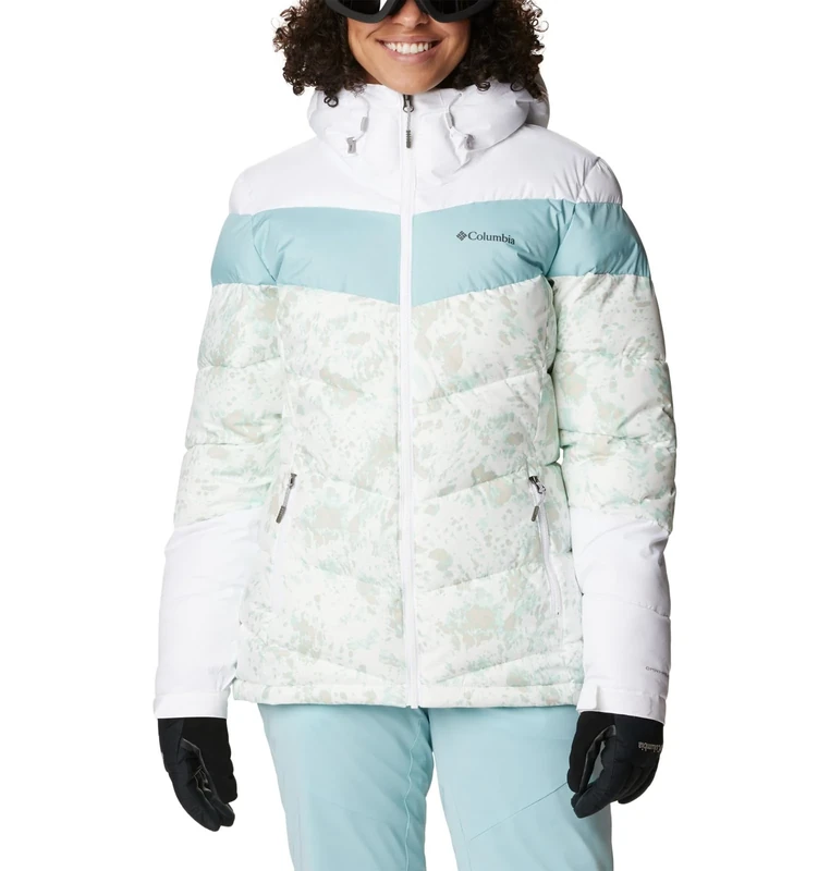 Columbia Women's Abbott Peak Insulated Jacket, Ski Jacket, White Flurries Print/White/Aqua Haze, Size XS