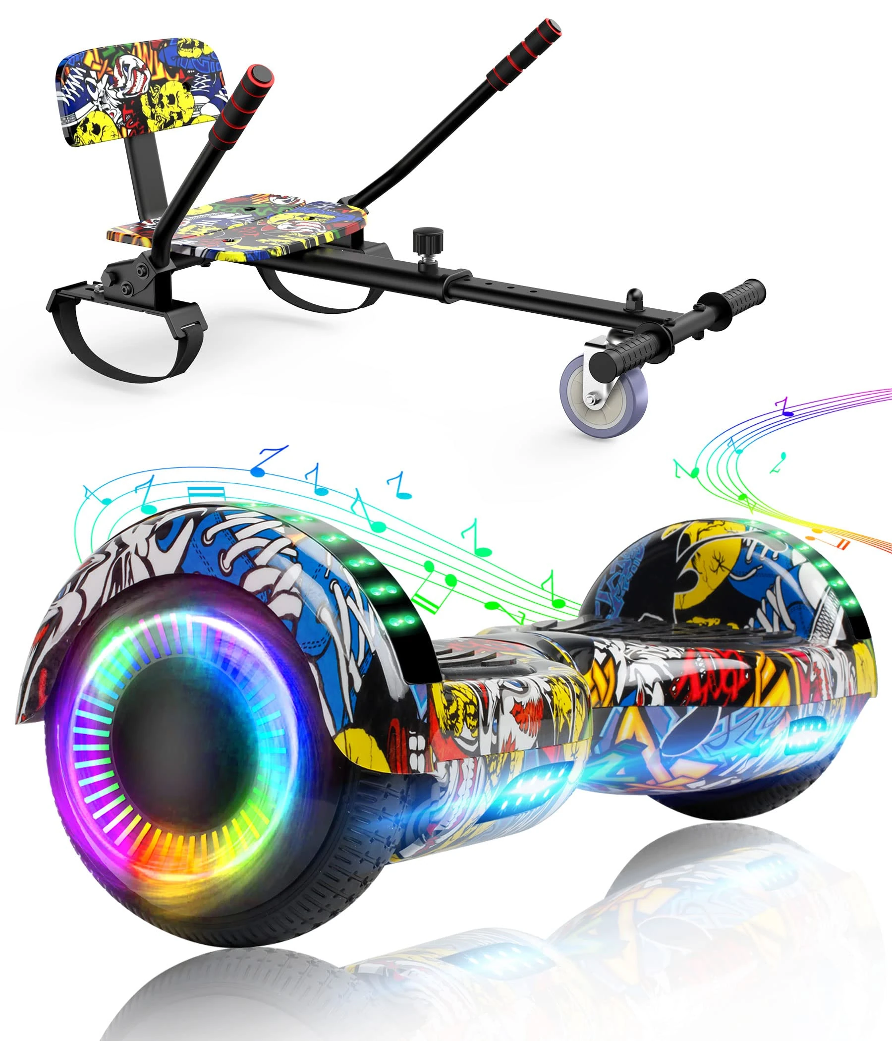 SISIGAD Hoverboard go Kart Seat, 6.5 Inches Hoverboard Hoverkart with LED Lights and Bluetooth Speaker, Hoverboard Go Kart Bundle for Kids Boys Girls