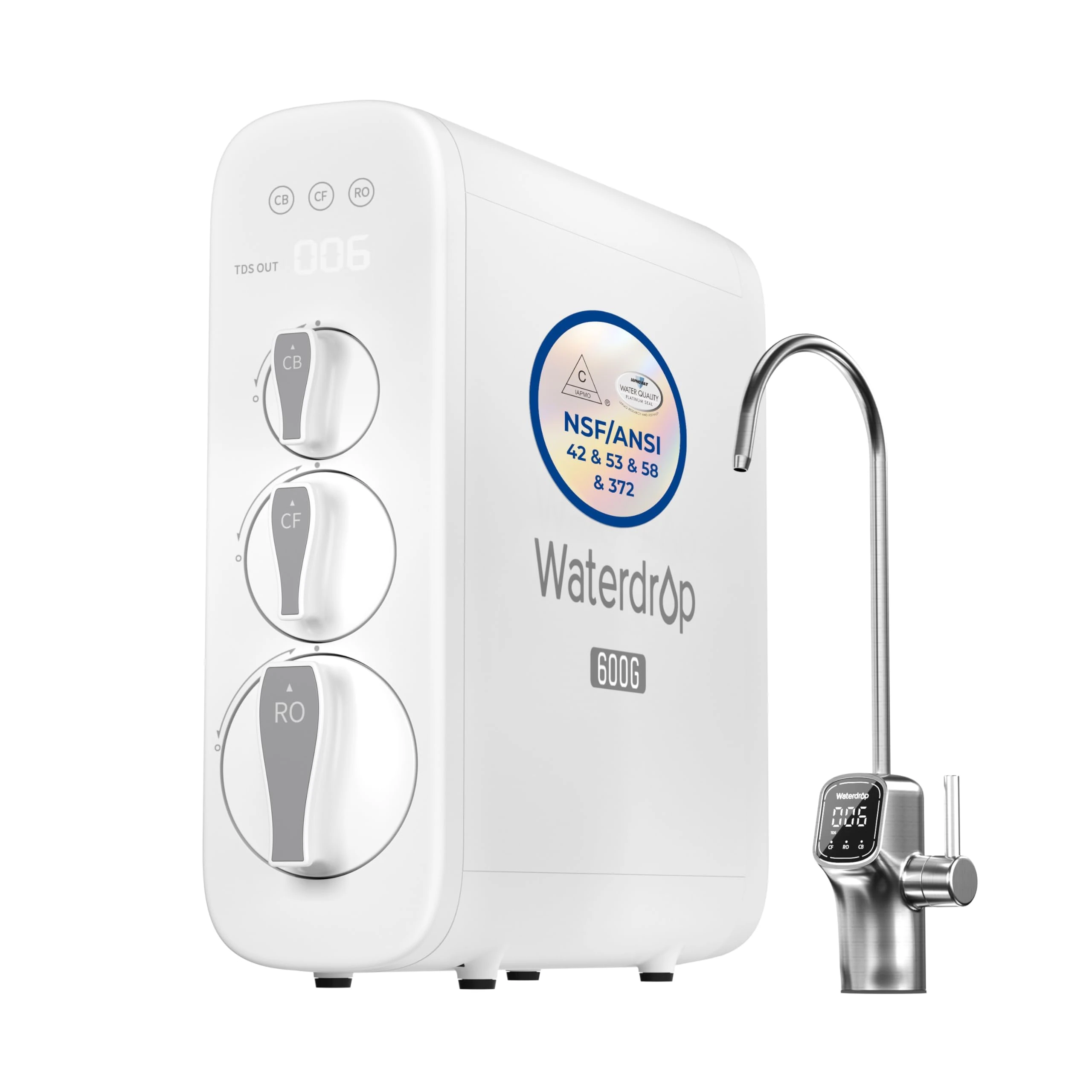 Waterdrop G3P600 Reverse Osmosis Water Filter, 600 GPD, Water Softener, Reduce TDS, Reduce Scale, Enhance the Flavor of Coffee and Tea, 2:1 Pure to Drain, Smart LED Faucet