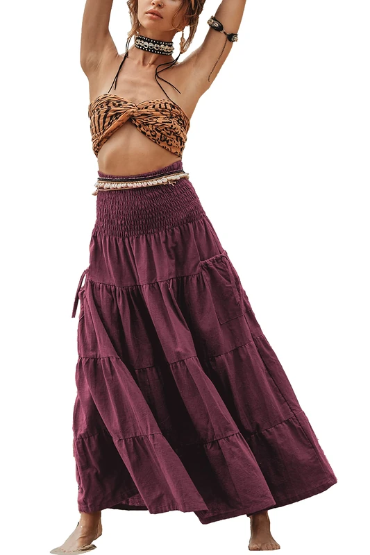 Thaluta Maxi Boho Skirt Long Pockets Cotton Hippie Bohemian Elastic Waist Gypsy Skirt, Mangosteen, One Size