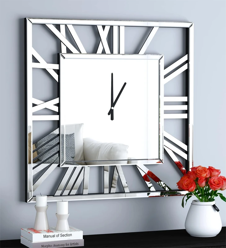 SHYFOY 24'' Wall Clocks for Living Room Decor - Glossy Mirror Finish, Kitchen Modern Decorative Mirrored Wall Clock, Roman Numerals Frameless Large Clocks Wall Decor