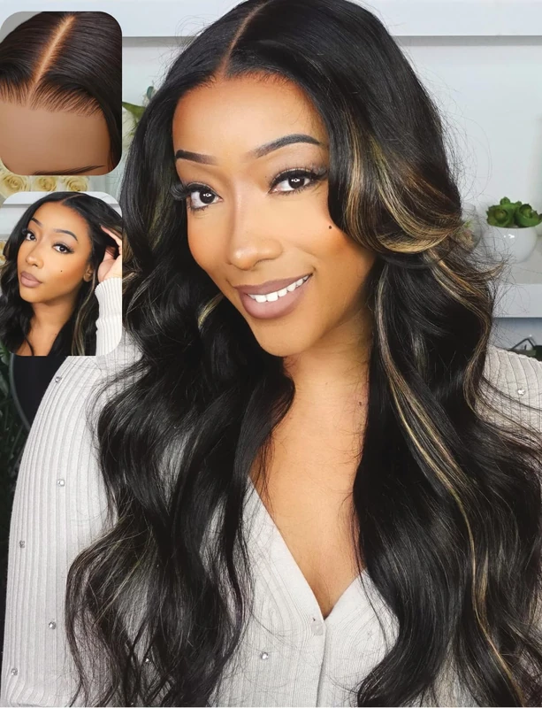 UNICE Bye Bye Knots Glueless Wig Body Wave 7x5 Pre Cut Lace Front Wigs Human Hair Bleached Knots Balayage Black Blonde Highlights Put on and Go Human Hair Wig Pre Plucked 150% Density 16 inch - Image 1