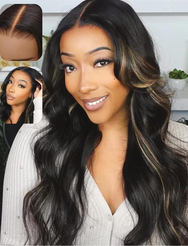 UNICE Bye Bye Knots Glueless Wig Body Wave 7x5 Pre Cut Lace Front Wigs Human Hair Bleached Knots Balayage Black Blonde Highlights Put on and Go Human Hair Wig Pre Plucked 150% Density 24 inch