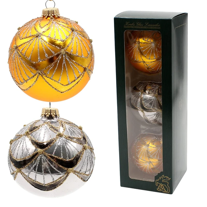 Dekohelden24 Lauschaer KGL10852 Christmas Tree Decorations Set of 3 Glass Baubles in Gold and Anthracite Hand-Blown and Hand-Decorated with Gold Crowns Diameter Approx. 8 cm - Image 1