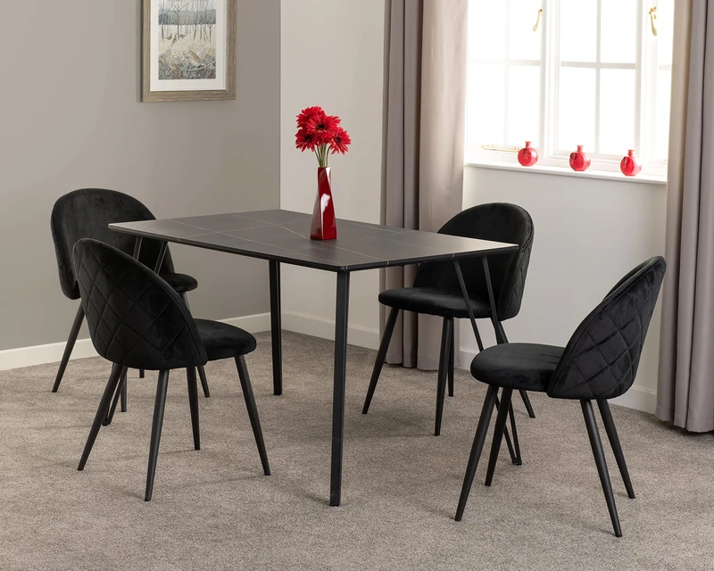 Seconique Marlow Dining Set with 4 Dining Chairs in Black Marble/Black Velvet