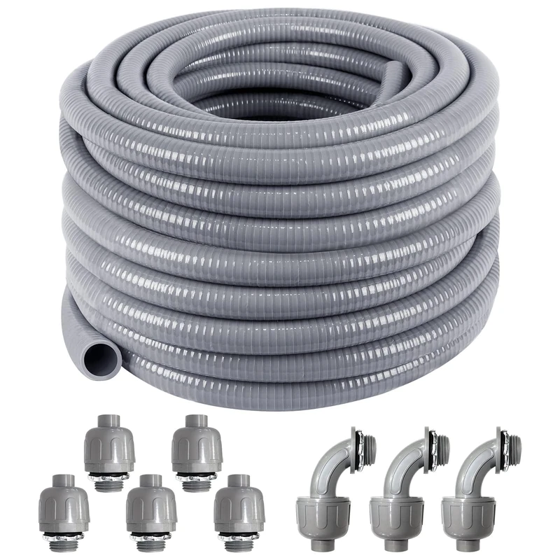 Ansgery 1 inch 100 Ft Flexible PVC Liquid-Tight Electrical Conduit Kit, Grey, 100 ft, 1" Dia, 1.1" OD, 3 mm Thick, 5 Straight & 3 Angle Fittings, Kit of 1