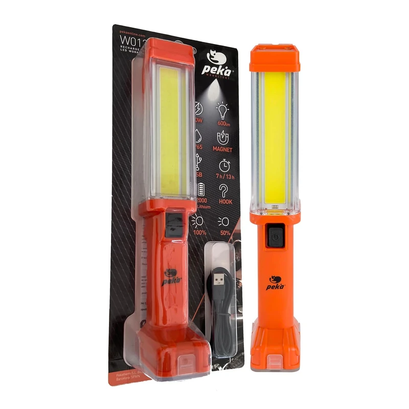 PEKA LED Workshop Torch | 10W and 600 Lumen | 2 Intensities | Rechargeable Flashlight with USB and Charging Cable | 2 x 2000 mAh Lithium Batteries | Power Bank Function W012, Multicoloured