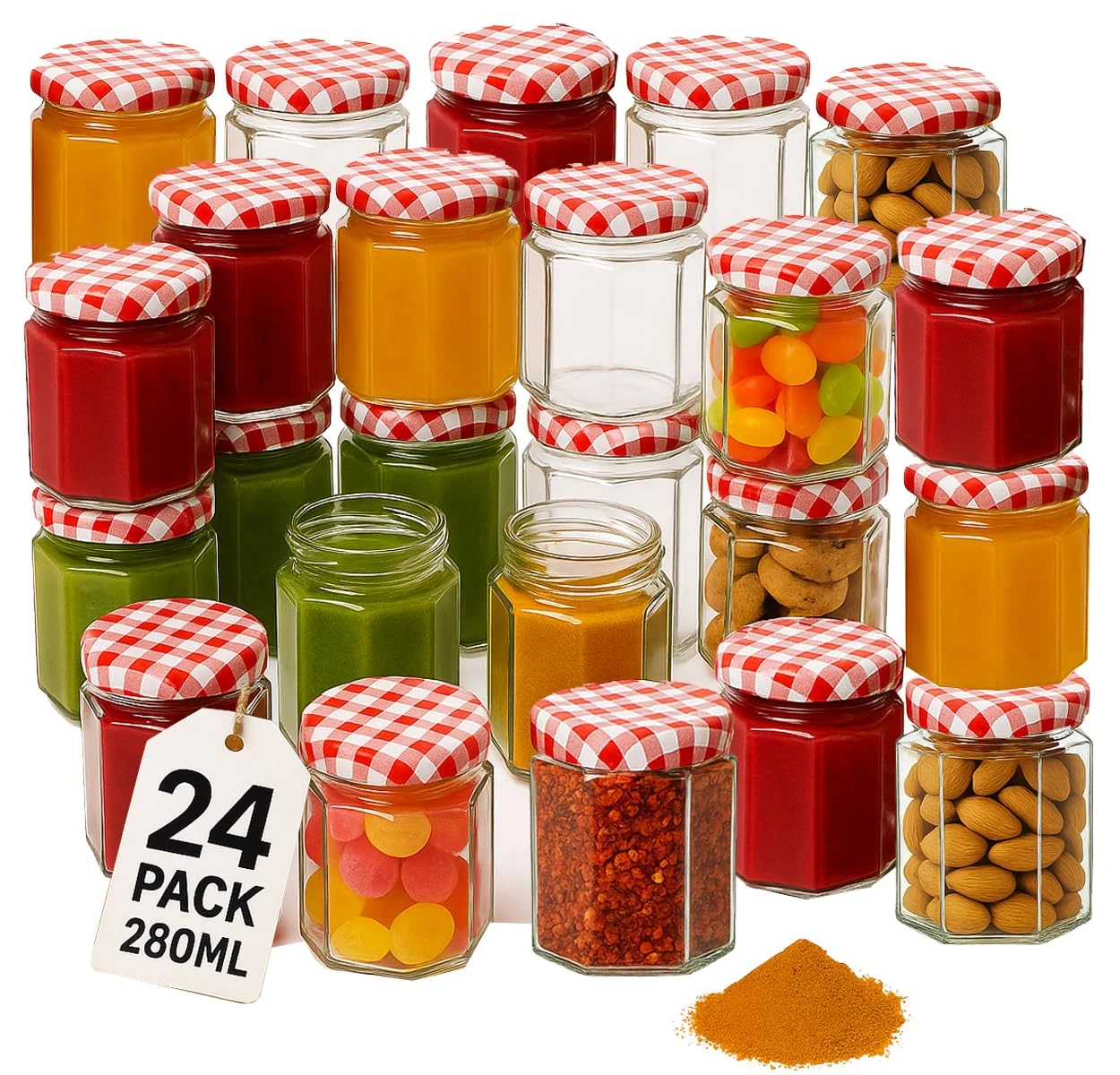 Offer Shop 280ml Jam Jars with Red Gingham Twist Top Lid & Labels - Pack of 24 Hexagonal Clear Glass Jar Containers for Candles Making | Ideal Storage for Spice and Pickle