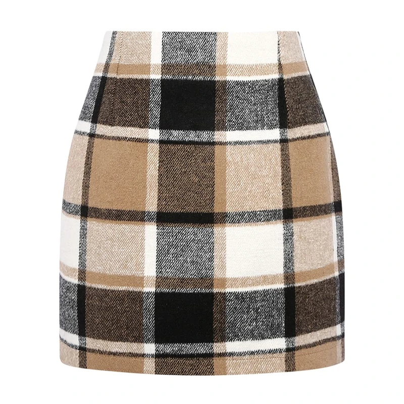 Kinghua Womens Wool Plaid Mini Skirt Fall Winter High Waisted Bodycon Pencil Skirt, Brown New, XXL
