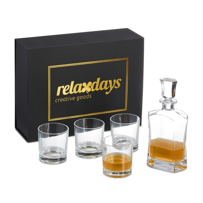Relaxdays Whisky Set, 5-Piece, Whisky Carafe 700 ml, 4 Glasses 345 ml, Gift Box, Cognac Decanter, Transparent