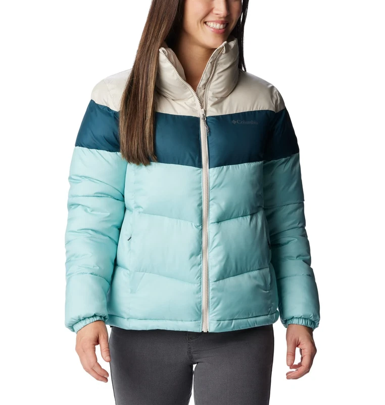 Columbia Women's Puffect Color Blocked Puffer Jacket, Aqua Haze, Night Wave, Dark Stone, S