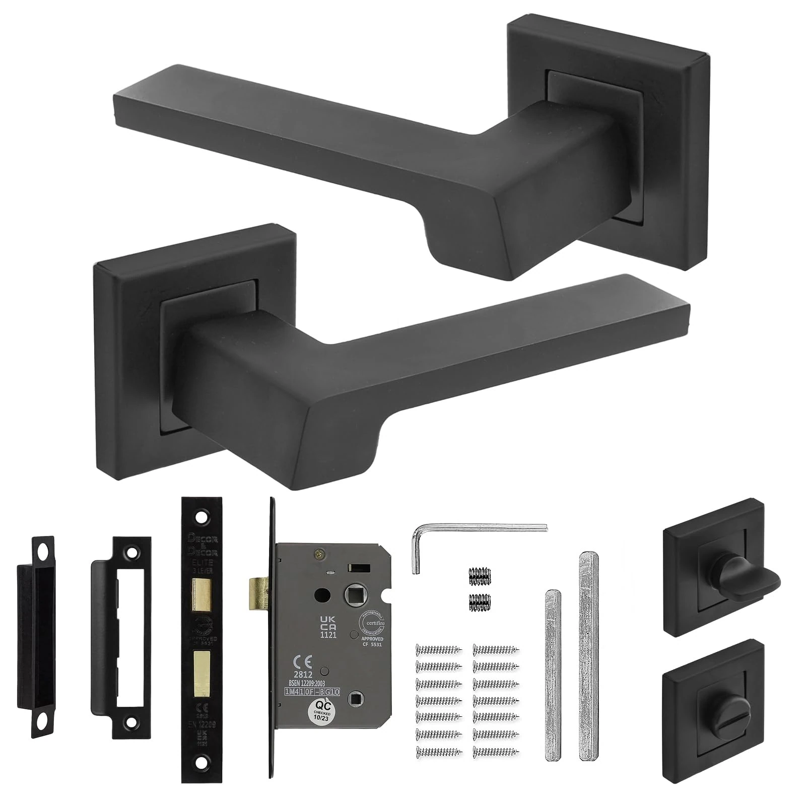 Decoranddecor Spectra Matt Black Aluminium Lever Handles – Internal Door Set with Bathroom Lock, Turn and Release, Modern Hardware for Bedrooms and Bathrooms in Contemporary Home Interiors