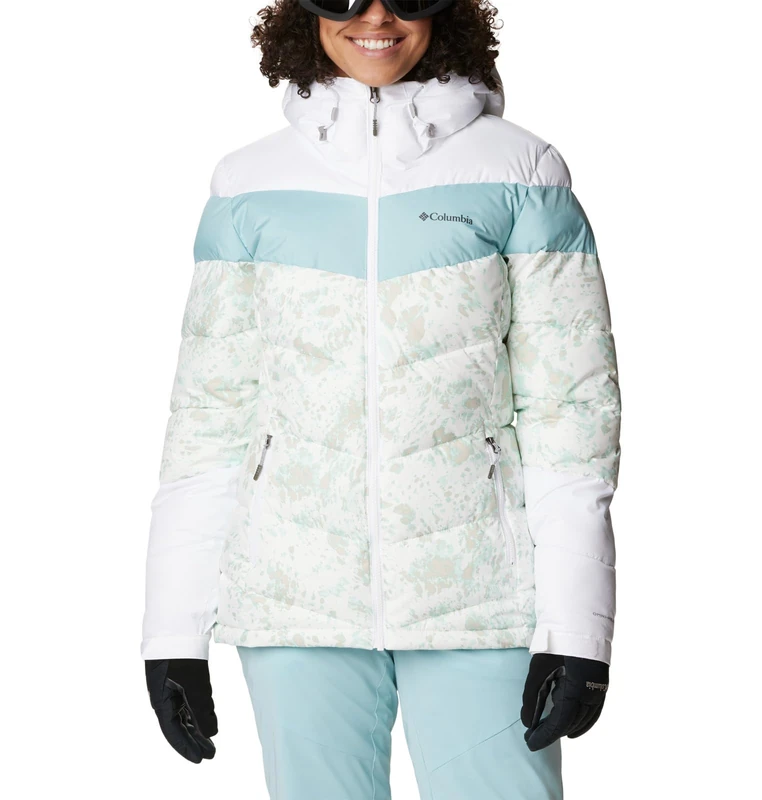 Columbia Women's Abbott Peak Insulated Jacket, Ski Jacket, White Flurries Print/White/Aqua Haze, Size M