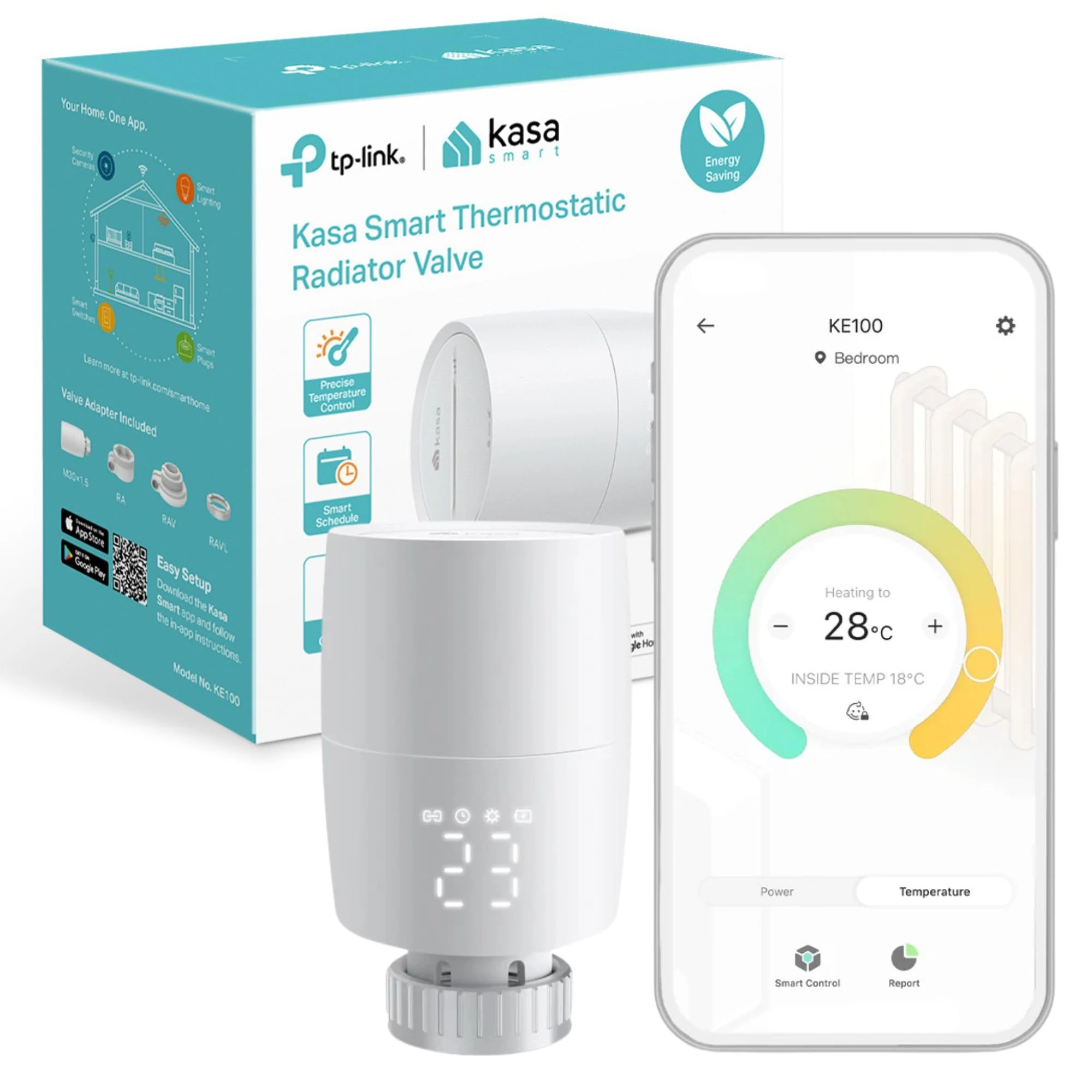 TP-Link Kasa Smart Thermostat Radiator Valve, Smart Radiator Valve, Energy Saving, LED display Radiator Thermostat Valve, Smart TRV Schedule, Works with Alexa & Google Home, Easy installation(KE100)