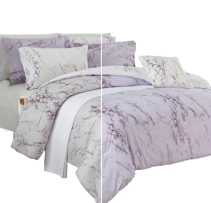 Elegant Comfort Soft, Plush, Lightweight Material, 10pc Marble Set, Microfiber, Lilac/Purple, Queen