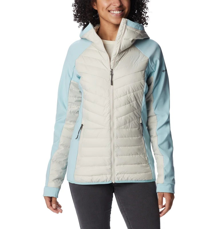 Columbia Women's Powder Lite Hybrid Hooded Puffer Jacket, Dark Stone, Aqua Haze, L