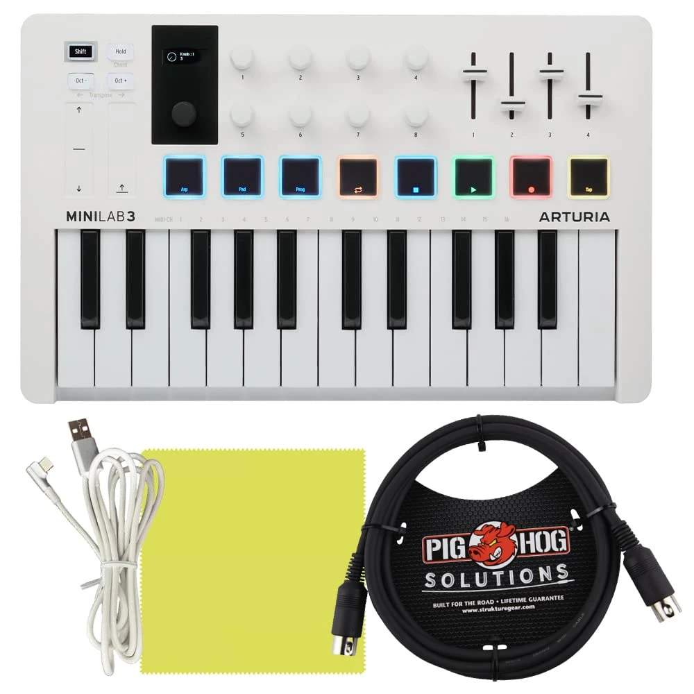 Arturia MiniLab 3 Portable MIDI Keyboard Controller with Pig Hog MIDI Cable & Polishing Cloth - 25 Key MIDI Controller, White Mini Keyboard for Recording Studio, Music Equipment with Software Included
