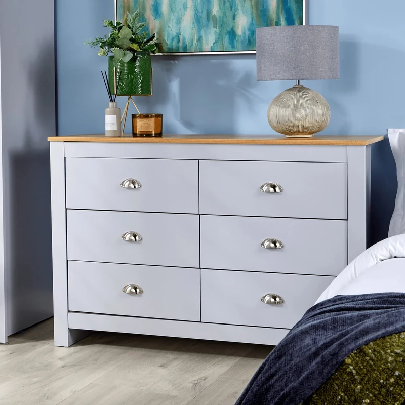 Home Source Camden Bedroom 6 Drawers Chest of Drawers Wooden Bedroom Home Furniture Clothing Storage Unit, Grey