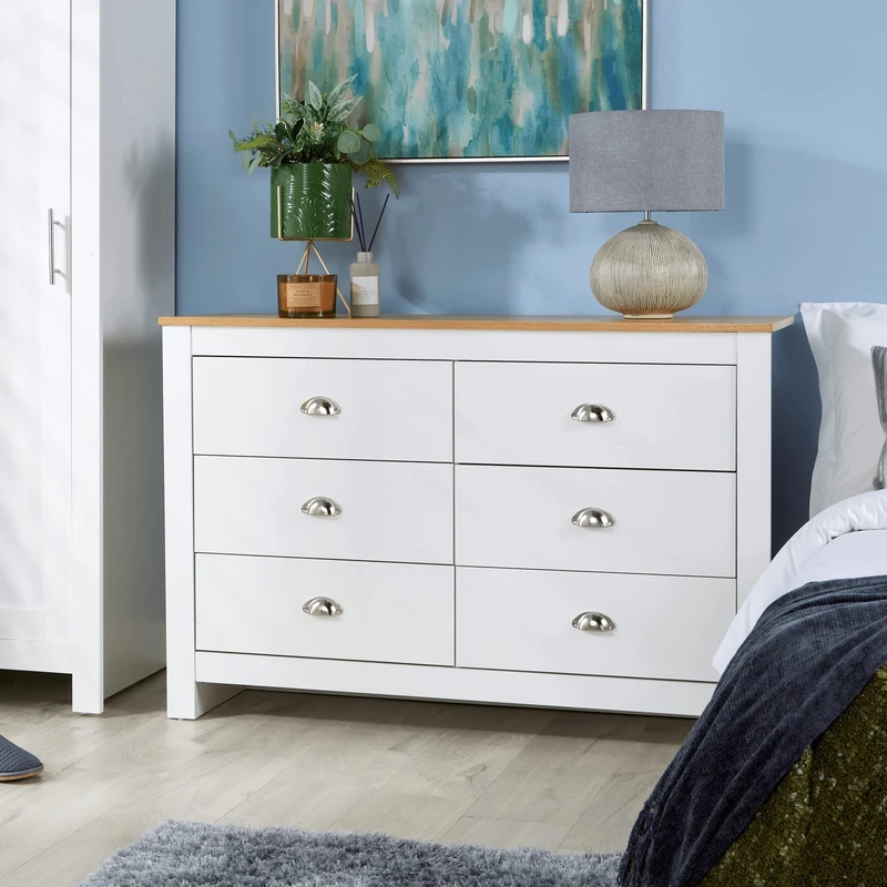 Home Source Camden Bedroom 6 Drawers Chest of Drawers Wooden Bedroom Home Furniture Clothing Storage Unit, White