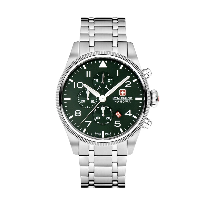 Swiss Military Hanowa Thunderbolt Chrono Men's Watch with Leather Strap or Metal Strap 43 mm Diameter 10 ATM, Silver, Bracelet