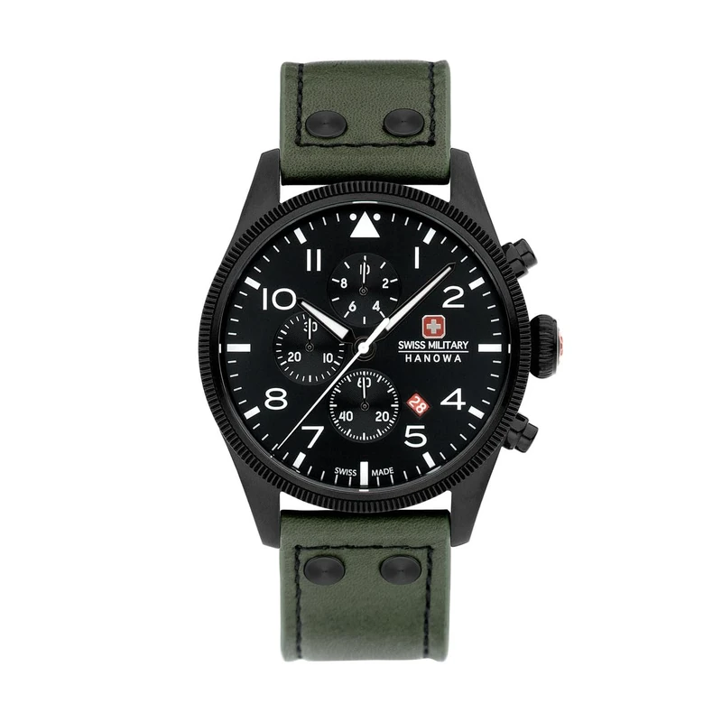 Swiss Military SMWGC0000430 Men's Analogue Quartz Watch with Leather Strap, Green, One Size, Strap.