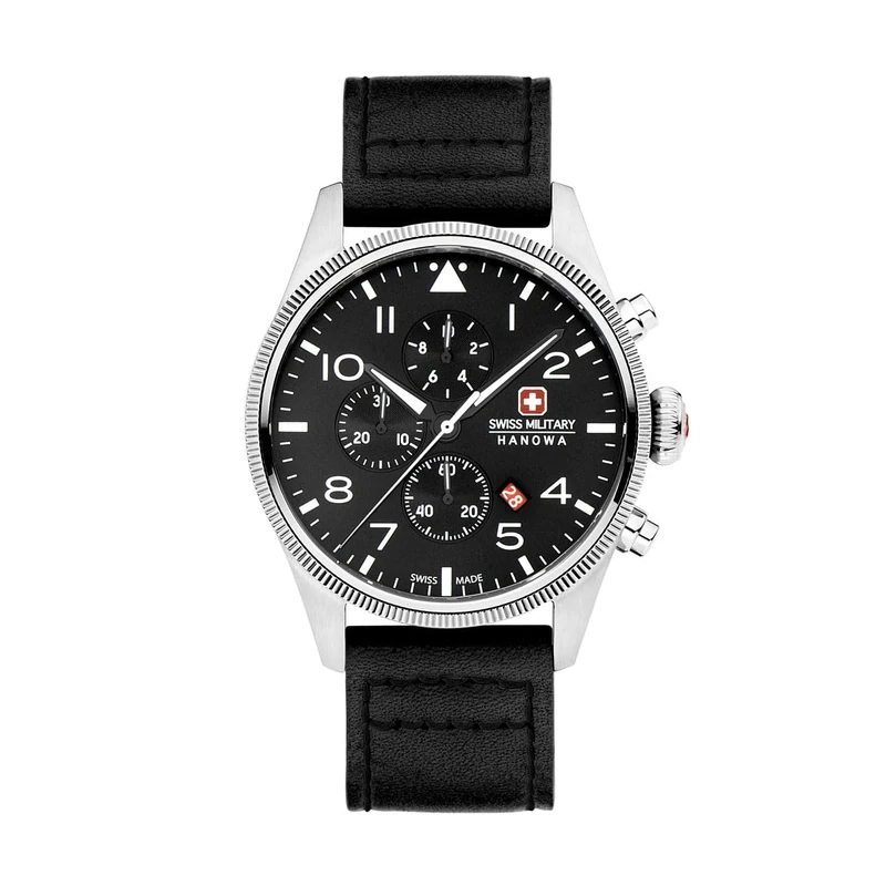 Swiss Military SMWGB2200140 Men's Analogue Quartz Watch with Leather Strap, Black, Standard Size, Strap.