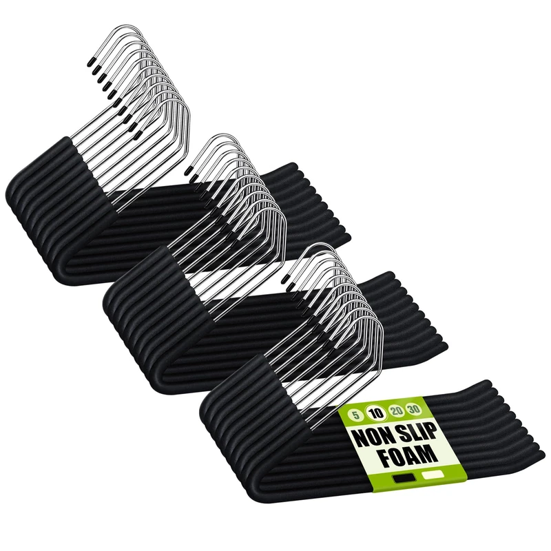 Spring Fever Open Ended Non Slip Sponge Padded Pants Hangers - Chrome Plating Foam Heavy Duty Space Saving Black 30