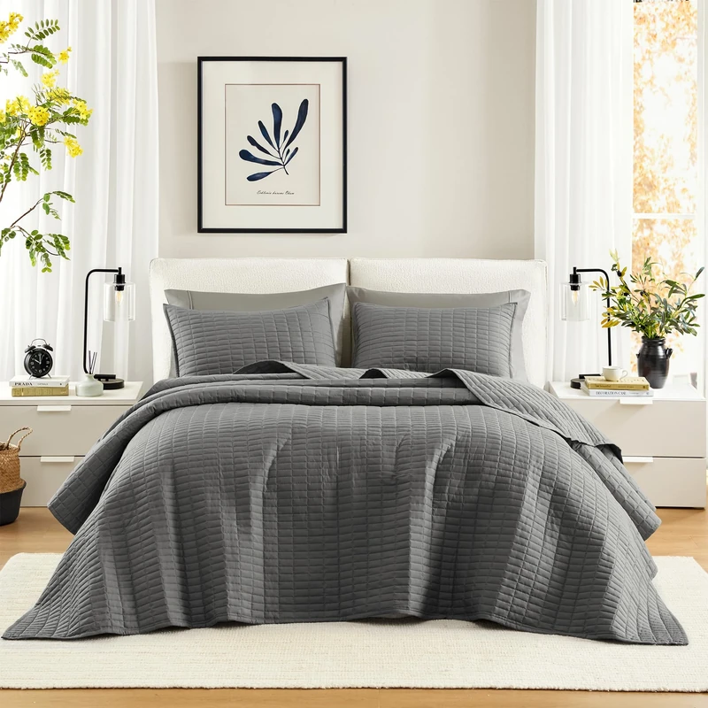 Comfort Spaces King Quilt-All Season Bedding, Charcoal Grey Bedspread with Double Sided Stitching Design, Soft Summer Blanket Matching Shams Coverlet Kienna Collection (120"x118") 3 Piece