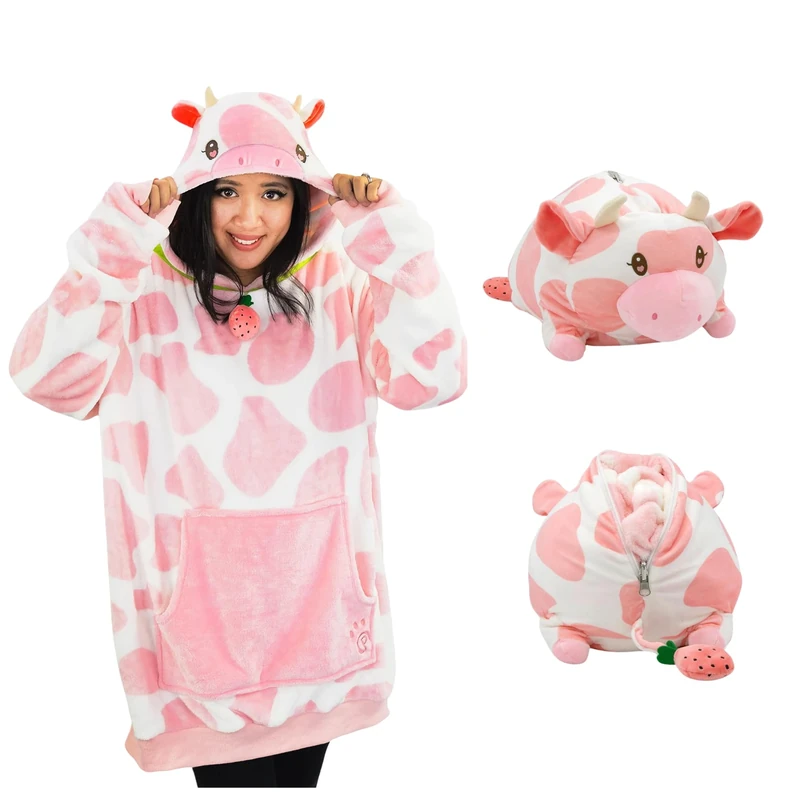 Plushible Wearable Blanket,Blanket Hoodies for Adult Women, Men, Teens, and Kids,Oversized, Cozy, Snuggly & Comfy Hooded Sweatshirt with Giant Pocket & Sleeves, Strawberry Cow (Adult), One size