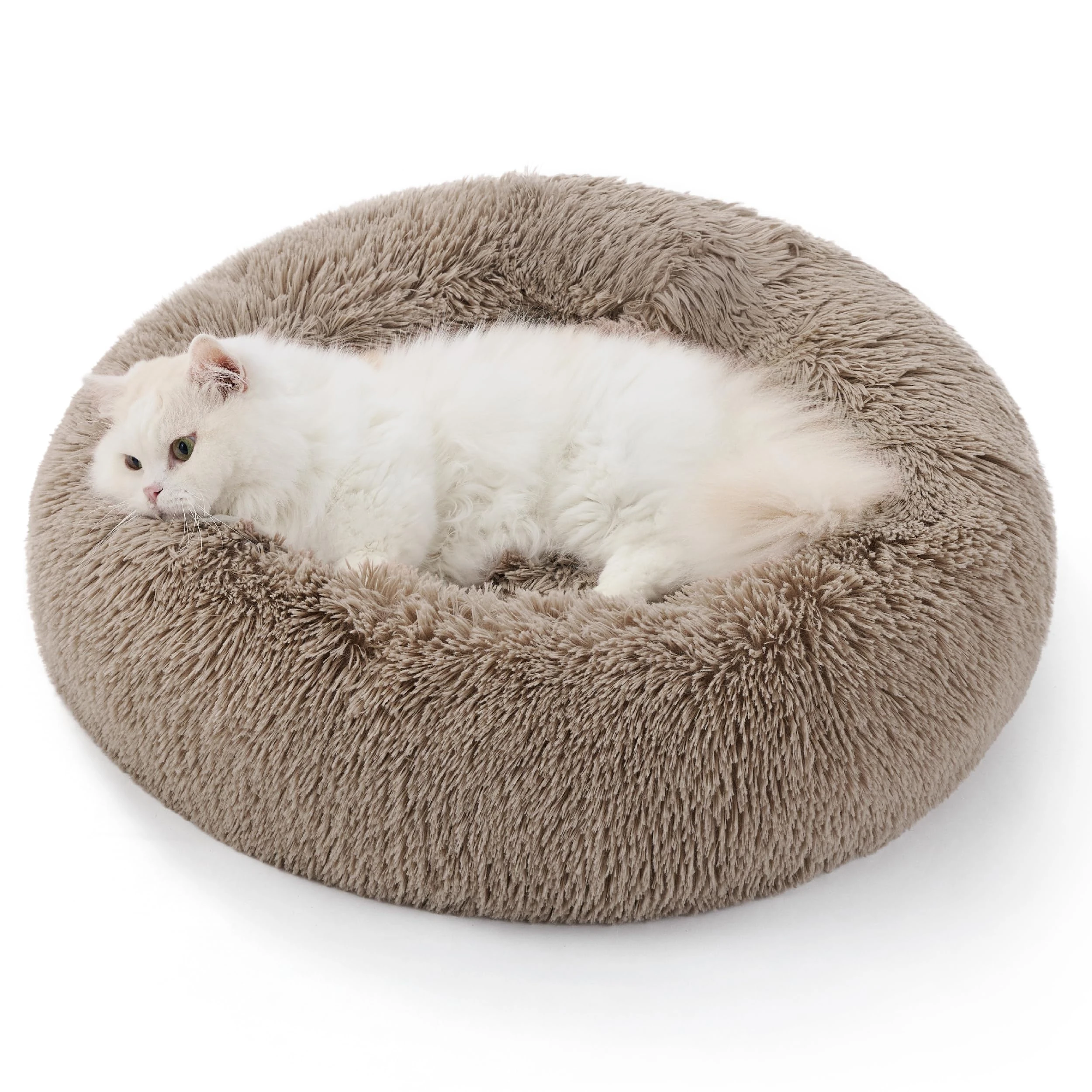 Bedsure Large Cat Donut Bed - 50x50x13cm Small Dog Bed for Indoor Cats and Puppy, Washable Round Cat Beds for Small Dogs, Fluffy Calming Anti Anxiety Kitten Bed, Camel