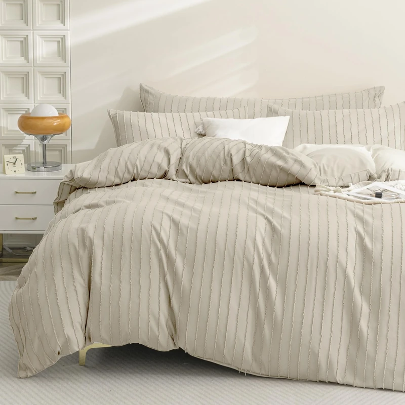 JELLYMONI Duvet Cover King Size Light Khaki - 3PCS Boho Striped Duvet Cover Set Polyester Tufted Bohemian Textured Comforter Cover with Corner Ties & Zipper Closure