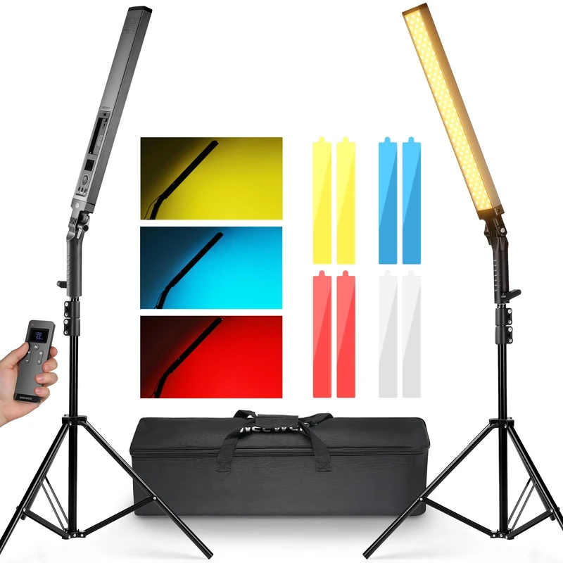 NEEWER Upgraded LED Video Light Stick & 2.4G Remote Kit, 2 Pack Handheld Dimmable 3200K~5600K CRI97+ Video Lighting with Stands/Filters/Bag for YouTube Video Recording Photography Gaming, BH20B Black