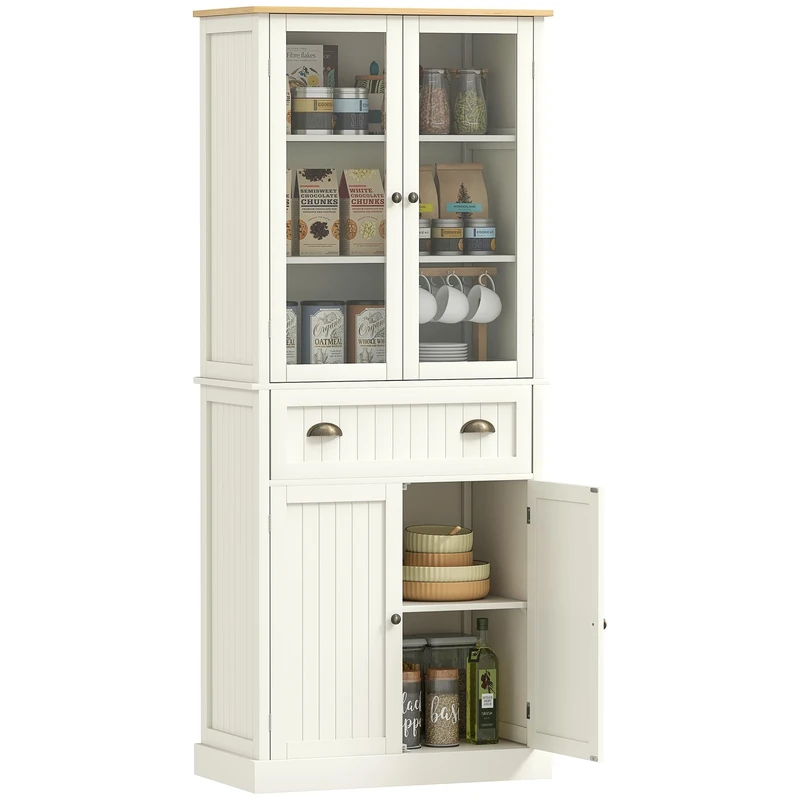 HOMCOM Freestanding Kitchen Cupboard, 5-tier Storage Cabinet with Adjustable Shelves and Drawer for Living Room, Dining Room, Cream White
