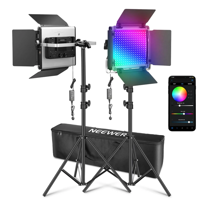 NEEWER Upgraded 660 PRO II RGB LED Video Light with App Control & Tripod Stand Kit, 2 Pack 50W/1% Min Dimming/CRI97+/3200~5600K Key Lighting for Game Streaming YouTube Recording Studio Photography